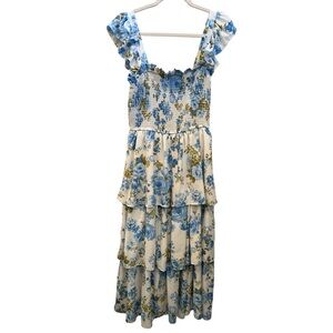 Floral Tiered Dress Easter Spring Church Cottagecore Feminine Stretchy Sz L